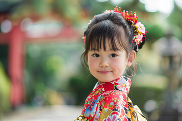 Asian girl of Japanese nationality in a national costume on the background of a Japanese garden
