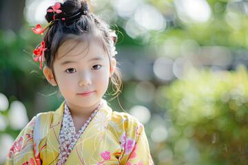Asian girl of Japanese nationality in a national costume on the background of a Japanese garden
 - obrazy, fototapety, plakaty