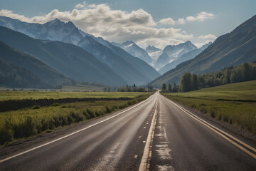 A landscape of highway road with mountains background