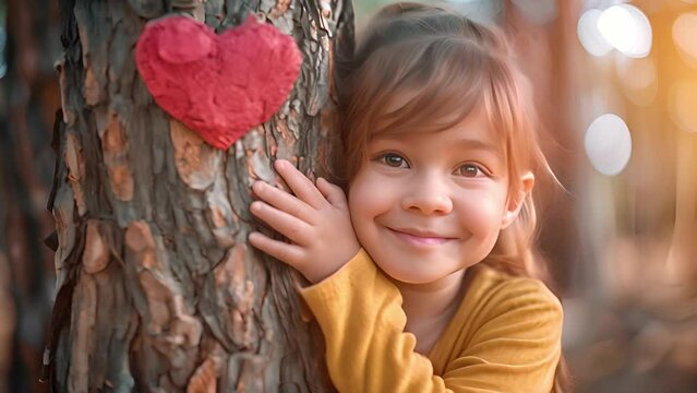 Arbor Day animation: Girl hugs tree, love for planet Earth