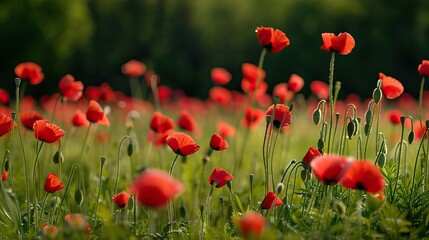 Fototapeta premium A field of vibrant red poppies bathed in sunlight