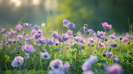 A serene field of blooming flowers bathed in soft sunlight