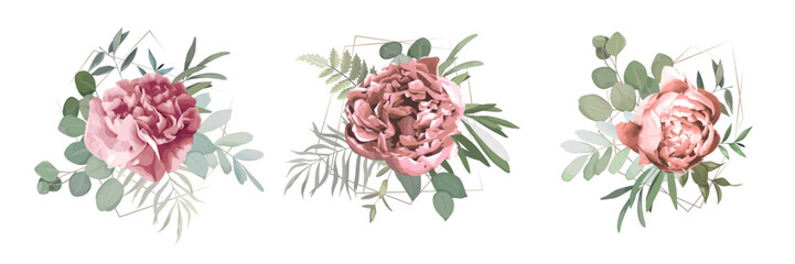 Floral set with peonies, greenery, herbs and eucaluptys branches for wedding bouquets, cards, designs. Vector illustration - 772337307