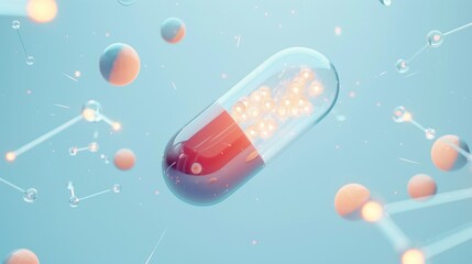A close-up image of a capsule pill surrounded by floating spheres and molecular structures on a blue background