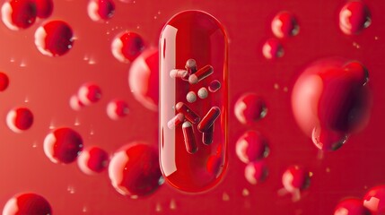 A 3D illustration of a large transparent capsule containing smaller pills, set against a backdrop of floating red blood cells