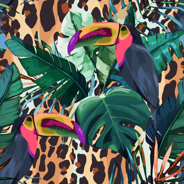 Summer seamless pattern with tropical palm leaves and wild birds, parrot, toucan. Jungle fashion print. Wild animal background. Vector illustration