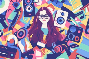Stylish cute girl with glasses, art collage cartoon illustration