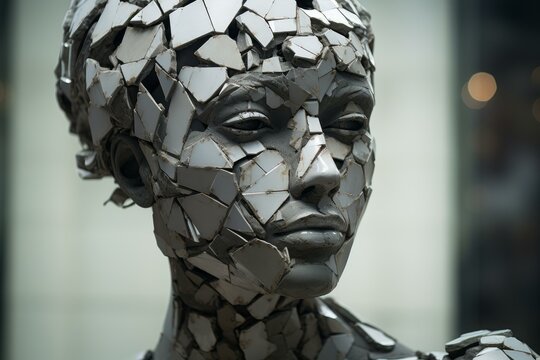 Forlorn Shattered statue woman. Crumbling and breaking female silhouette. Generate ai