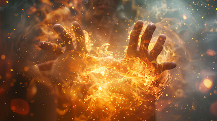 A dynamic shot of a Great Teacher-Lord performing a miraculous act of healing or transformation, with fiery energy emanating from their hands, with copy space around the scene