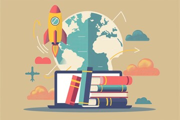 Education and science learning concept, back to school, flat cartoon illustration of books, globe and rocket