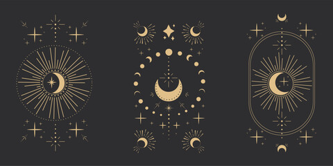 Set gold moon celestial tattoo or tarot astrology magic element with rays, stars, burst minimal line border or decoration isolated on dark background. Space symbols, emblem.