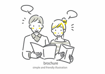 請求したパンフレットを見ながら話す若い夫婦　シンプルでお洒落な線画イラスト