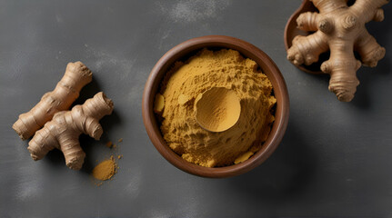 Ginger root and ginger powder in wooden bowl over grey concrete background with copy space. Immune system support. Ayurvedic treatment.generative.ai - obrazy, fototapety, plakaty