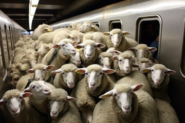 Chaotic Sheep crammed subway. Fluffy wool animal passengers in metro transportation. Generate ai