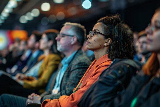 A diverse group of attentive professionals participating in a conference, in a modern event hall, focused and wearing glasses.