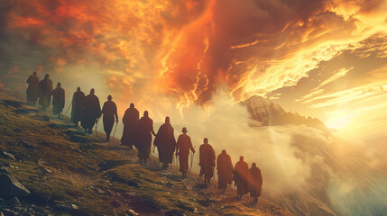 A dynamic shot of followers undertaking a spiritual pilgrimage to a sacred site associated with a Great Teacher-Lord, with fiery skies overhead, symbolizing the transformative powe - obrazy, fototapety, plakaty