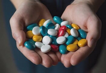 Young doctor is offering to you bunch of different pills as medication for your good health isolated