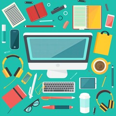 Computer workspace top down view flat cartoon illustration