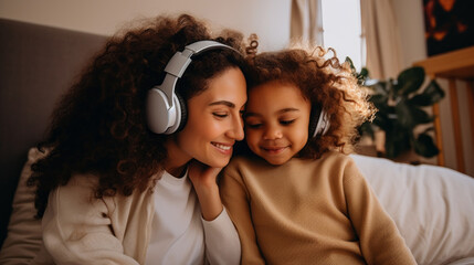 A beautiful ethnic mom with long curly hair is having fun with her beloved daughter on the bed, listening to music on headphones at home. Family Values, Parenthood, Children, Positive Emotions concept