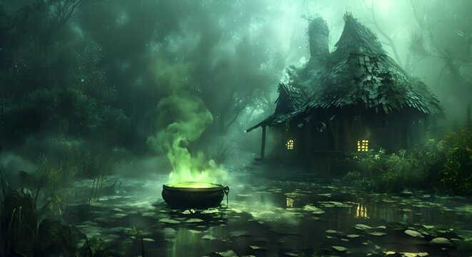 Eerie swamp with a witch's hut, cauldron bubbling with green mist