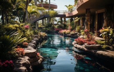 An aerial perspective of a poolside oasis featuring cascading waterfalls and tropical landscaping.