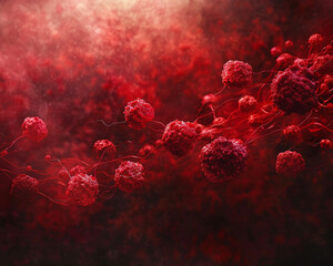 A thought-provoking illustration of cancer cells multiplying in a sea of red against a backdrop of dark tones,