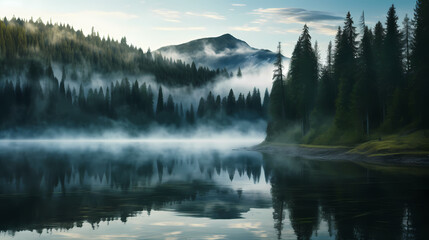 Fototapeta na wymiar Morning mist covers a beautiful lake surrounded by pine forest