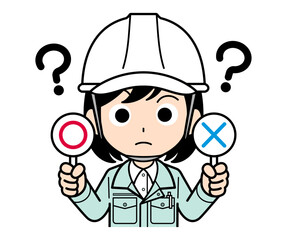 まるバツ札を持つ現場監督の女性