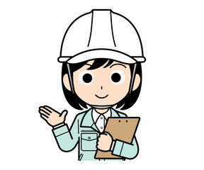 バインダーを持って案内する現場監督の女性