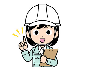 バインダーを持って指さしする現場監督の女性