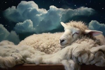 Tranquil Sheep sleep cloud sky. Art animal mammal adorable wool. Generate Ai