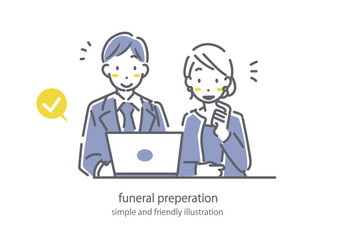 お葬式について調べる若い夫婦　喪服　シンプルでお洒落な線画イラスト