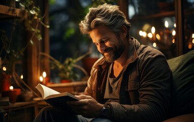 Content man reading a book in a cozy corner, promoting relaxation and mental wellness.