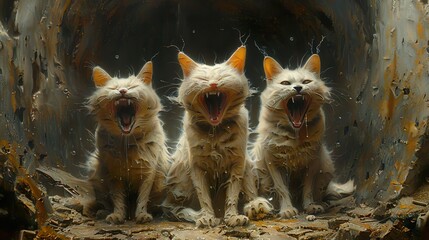 Trio de gatos em arte sombria. Ilustração em estilo dark.