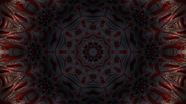 Kaleidoscope pattern with full colors. Magic mandala. 4k 3D Animated digital abstract. Colorful curved and circular lines on black background, seamless loop