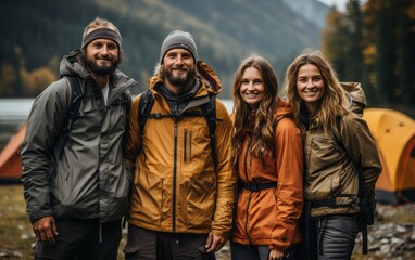 Group of friends posing for a photo with camping gear against a stunning mountain backdrop.