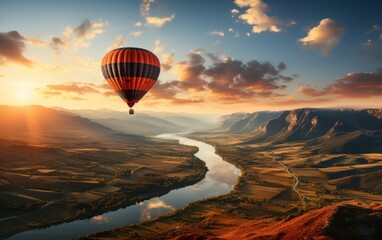 Hands capturing the moment as a hot air balloon ascends over a breathtaking landscape.