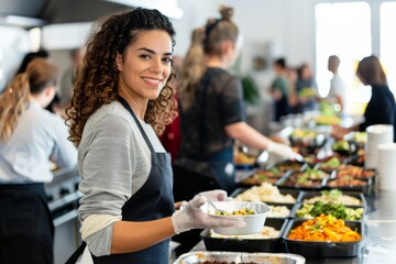 A smiling woman wearing a gray sweater and an apron extends a bowl of fresh, colorful food at a buffet with people in the background.