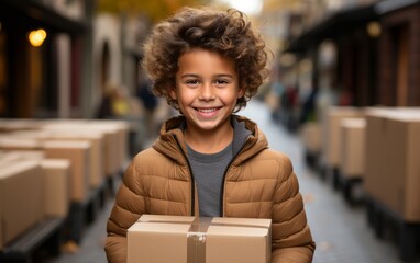 Happy boy holding a delivery package with a courier's smiling face on the packaging.