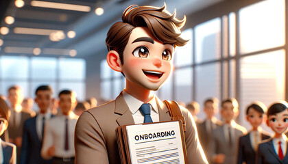 A young graduate candidate who has just gotten a job has an onboarding file in his hand and is very happy and excited. 3d, anime, cartoon