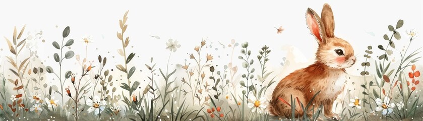 Watercolor illustration of adorable bunny hopping through a blooming garden, assortment, Artificial...
