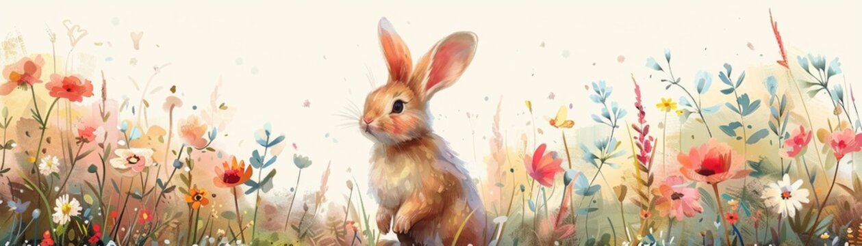 Watercolor illustration of adorable bunny hopping through a blooming garden, assortment, Artificial Intelligence.