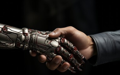 Human hand and robot hand reaching out for a handshake in a symbolic gesture.