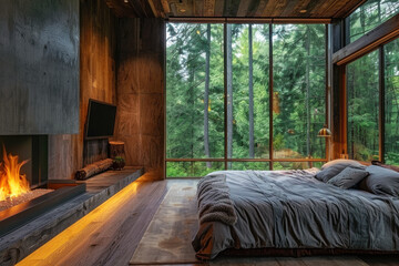 Cozy bedroom with forest view and fireplace