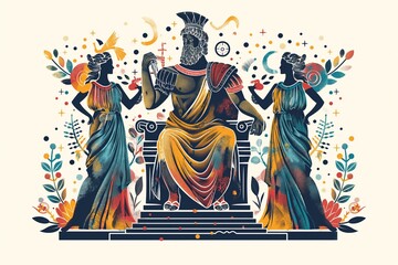Ancient Greek gods at the Olympus, flat cartoon illustration