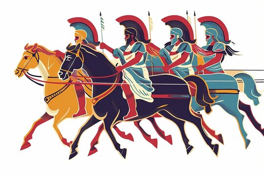 Roman empire army soldiers charging into attack, flat cartoon illustration