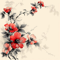 Red flowers on branch, decoration, blossom, ornate, pattern