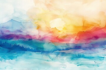 Abstract watercolor landscape art with a whimsical children's book aesthetic, featuring a gentle pastel color palette. Created using generative AI technology. - obrazy, fototapety, plakaty