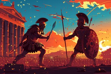 Ancient Rome gladiators fighting, flat cartoon illustration - obrazy, fototapety, plakaty