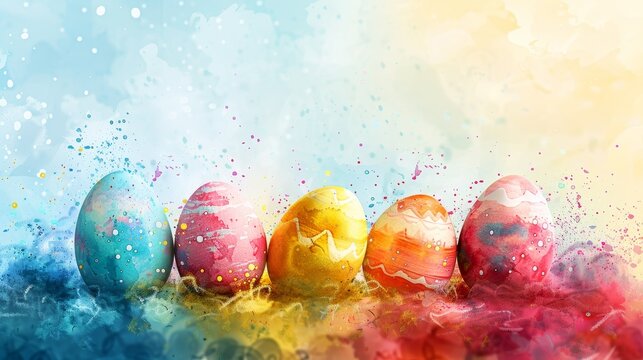 Abstract Easter celebration with pastel watercolor splashes and floating egg silhouettes copy space for joyful greetings